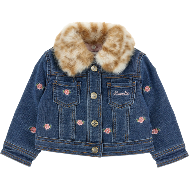 Picture of PRE ORDER Monnalisa Bebe Girls Rose Leopard Denim Jacket -  Navy Beige Pink