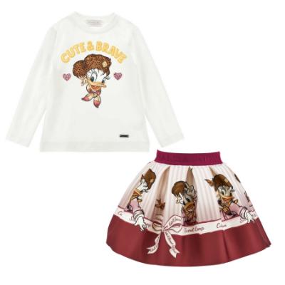 Picture of PRE ORDER Monnalisa Girls Daisy Duck Top & Skirt Set X 2 - Ivory Burgundy