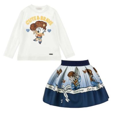 Picture of PRE ORDER Monnalisa Girls Daisy Duck Top & Skirt Set X 2 - Ivory Navy Blue