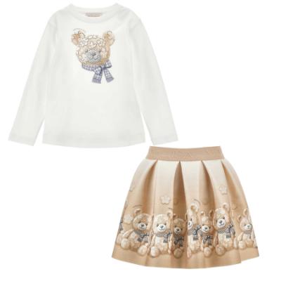 Picture of PRE ORDER Monnalisa Girls Teddy Top & Skirt Set X 2 - Ivory Beige Grey