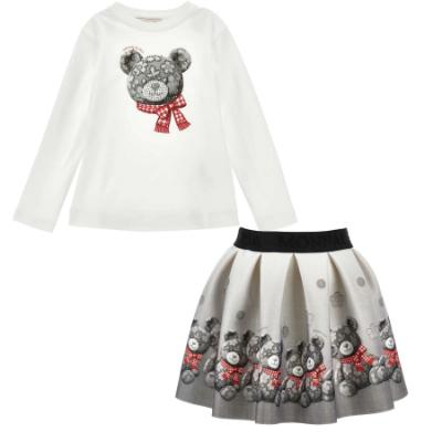 Picture of PRE ORDER Monnalisa Girls Teddy Top & Skirt Set X 2 - Ivory Grey Red