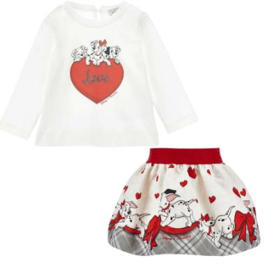 Picture of PRE ORDER Monnalisa Bebe Girls Dalmatian Heart Top & Skirt Set X 2 - Ivory Red