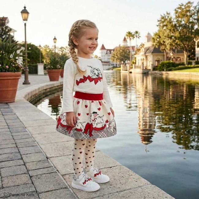 Picture of PRE ORDER Monnalisa Bebe Girls Dalmatian Bow Top & Skirt Set X 2 - Ivory Red