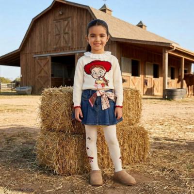 Picture of PRE ORDER Monnalisa Girls Toy Story Blouse Jumper & Denim Skirt Set X 3 - Ivory Navy Blue