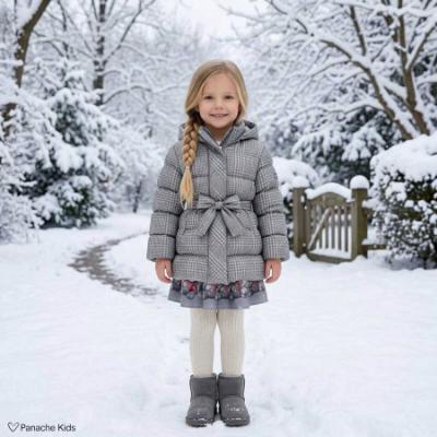 Picture of PRE ORDER Monnalisa Girls Padded Check Coat With Hood - Grey
