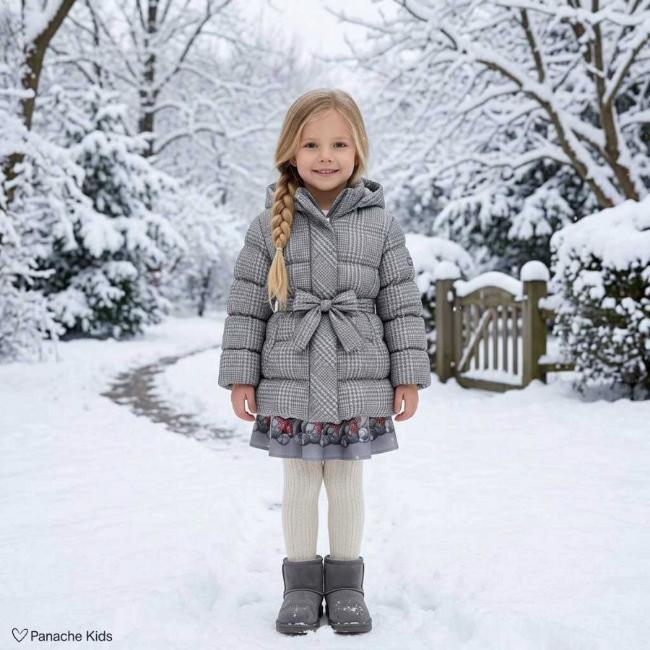 Picture of PRE ORDER Monnalisa Girls Padded Check Coat With Hood - Grey