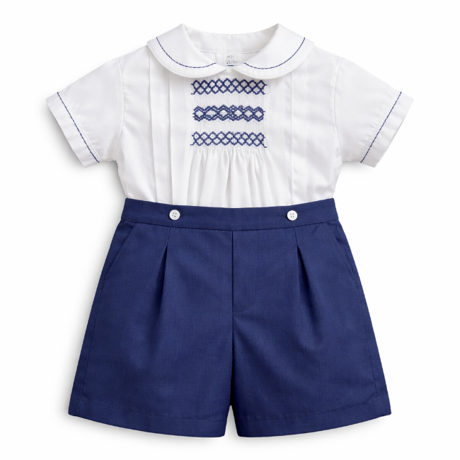 Picture of Sarah Louise Baby Boys Smocked Blouse & Shorts Set X 2 - White Navy Blue