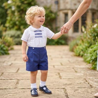 Picture of Sarah Louise Baby Boys Smocked Blouse & Shorts Set X 2 - White Navy Blue