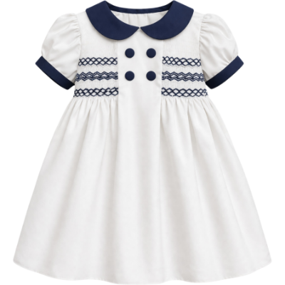 Picture of Sarah Louise Girls Smocked Bodice Puff Sleeve Button Dress - White Navy