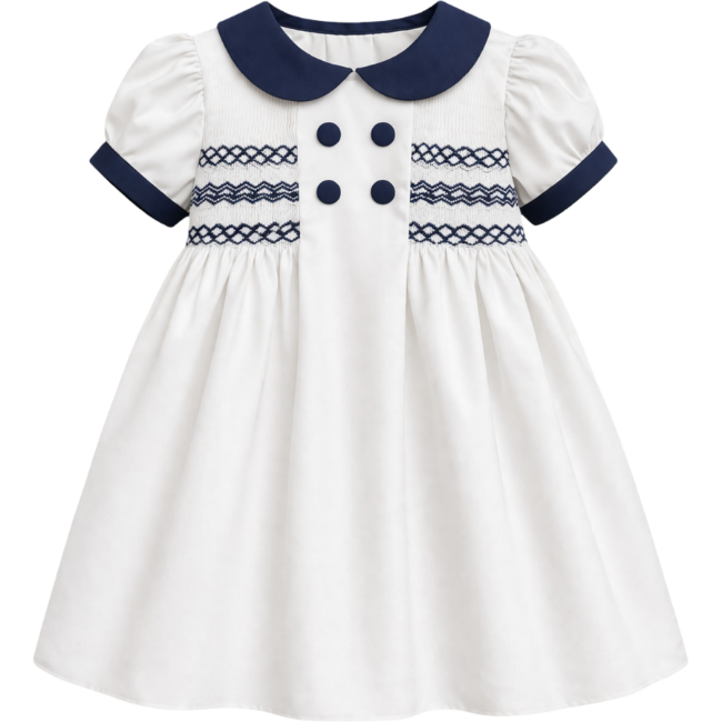 Picture of Sarah Louise Girls Smocked Bodice Puff Sleeve Button Dress - White Navy