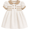 Picture of Sarah Louise Girls Smocked Bodice Puff Sleeve Button Dress - Cream Beige