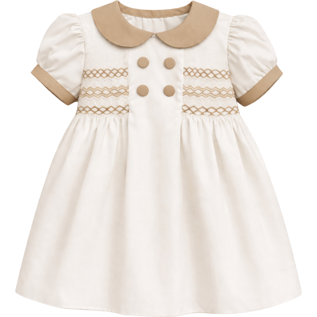 Picture of Sarah Louise Girls Smocked Bodice Puff Sleeve Button Dress - Cream Beige