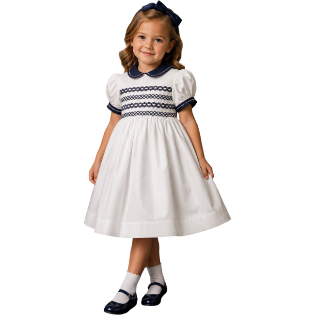Picture of Sarah Louise Girls Smocked Bodice Puff Sleeve Dress - White Navy