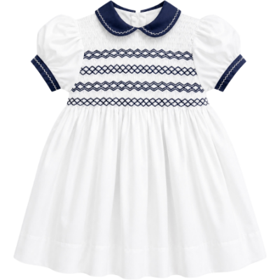 Picture of Sarah Louise Girls Smocked Bodice Puff Sleeve Dress - White Navy