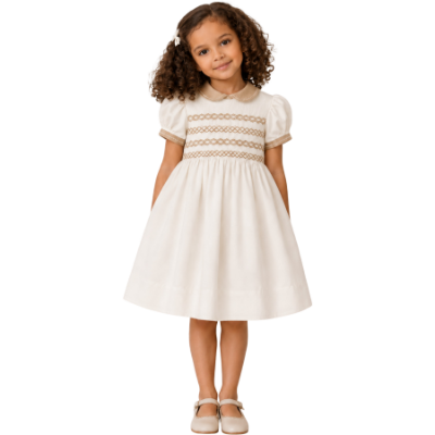Picture of Sarah Louise Girls Smocked Bodice Puff Sleeve Dress - Cream Beige