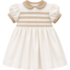 Picture of Sarah Louise Girls Smocked Bodice Puff Sleeve Dress - Cream Beige