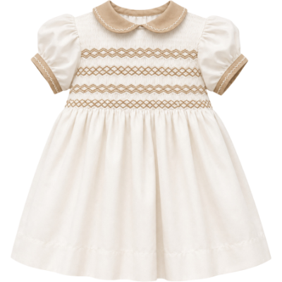 Picture of Sarah Louise Girls Smocked Bodice Puff Sleeve Dress - Cream Beige