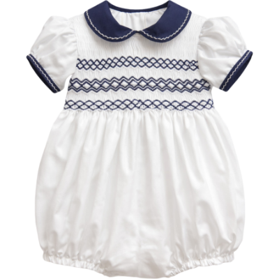 Picture of Sarah Louise Baby Smocked Puff Sleeve Bubble - White Navy