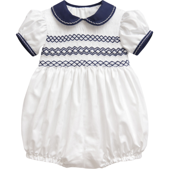 Picture of Sarah Louise Baby Smocked Puff Sleeve Bubble - White Navy