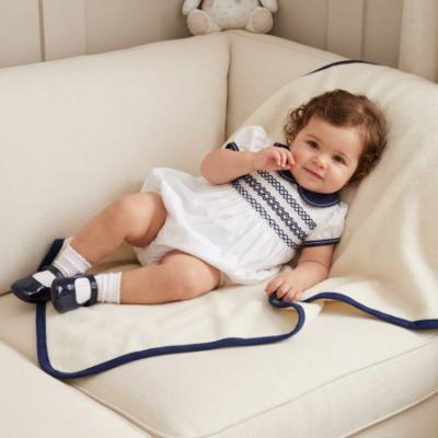 Picture of Sarah Louise Baby Smocked Puff Sleeve Bubble - White Navy