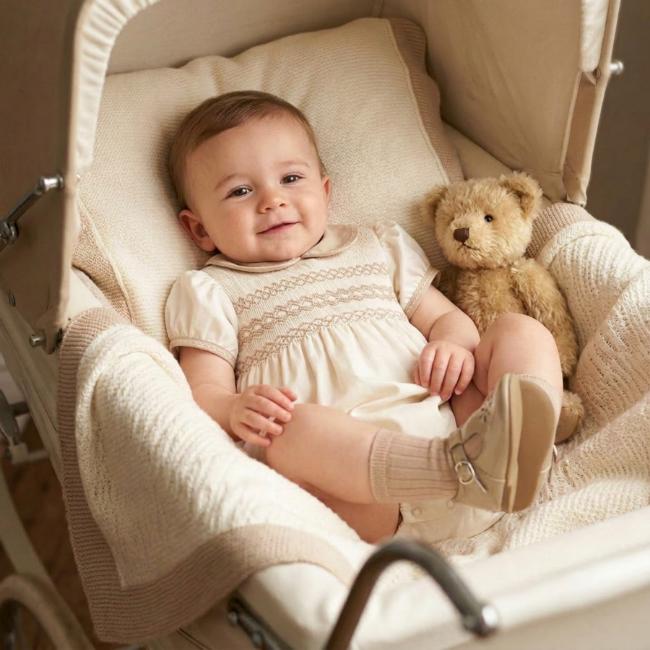Picture of Sarah Louise Baby Smocked Puff Sleeve Bubble - Ivory Beige