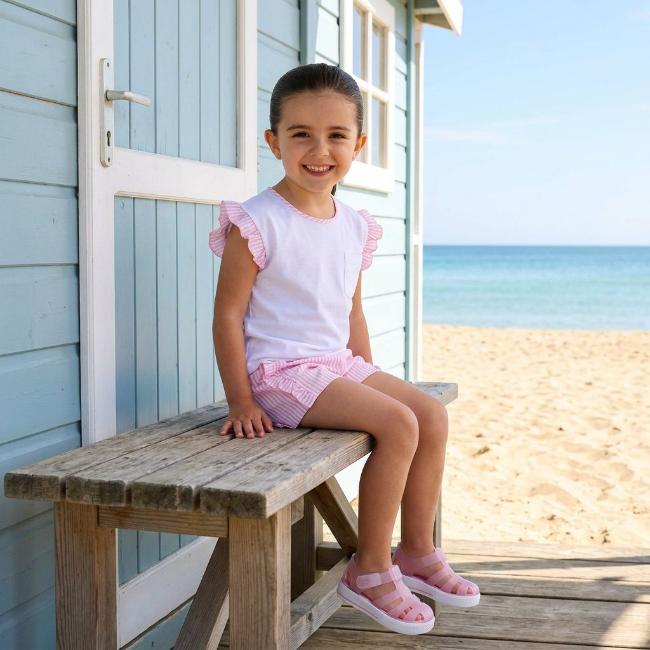 Picture of Rapife Summer Girls Top & Stripe Seersucker Bermuda Shorts Set X 2 - White Pink