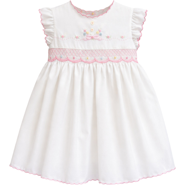Picture of Sarah Louise Girls Smocked & Embroidered Ruffle Dress & Panties Set X 2  - White Pink