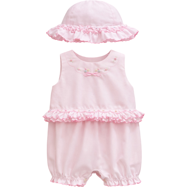 Picture of Sarah Louise Girls Smocked & Embroidered Bubble & Hat Set X 2  - Pink