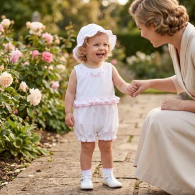 Picture of Sarah Louise Girls Smocked & Embroidered Bubble & Hat Set X 2  - White Pink