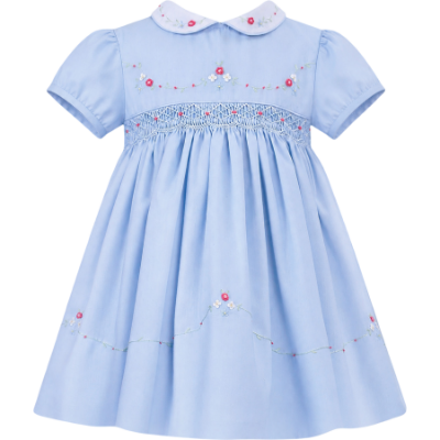 Picture of Sarah Louise Girls Smocked & Embroidered Puff Sleeve Dress & Panties Set X 2 - Blue Multi