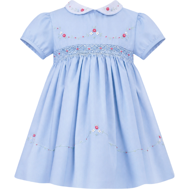 Picture of Sarah Louise Girls Smocked & Embroidered Puff Sleeve Dress & Panties Set X 2 - Blue Multi